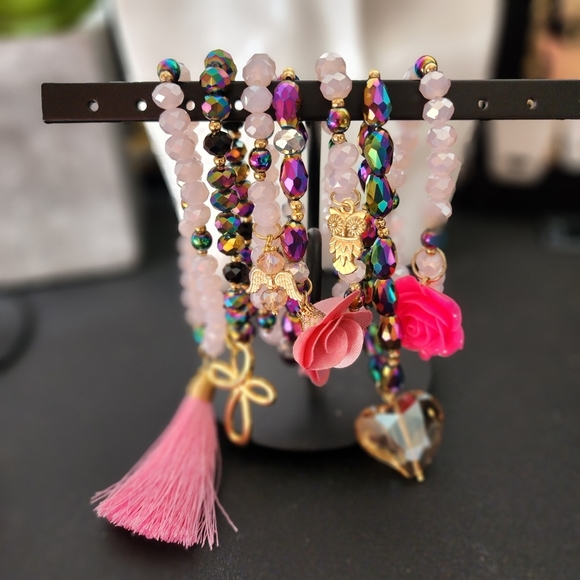 Hand Made Set of 7 AB Pink Crystal Glass Bracelets with Gold Charms Semanario - Picture 3 of 7